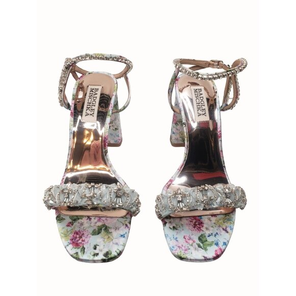 Badgley Mischka Tanisha Blue Floral Sandal Womens 5.5 Block Heel Beaded NEW - Picture 7 of 10
